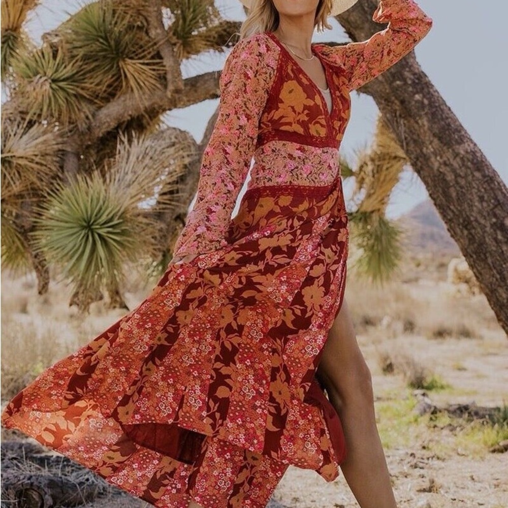 Free People Tilda Red and Orange Tiered Sundress with Bishop Sleeves